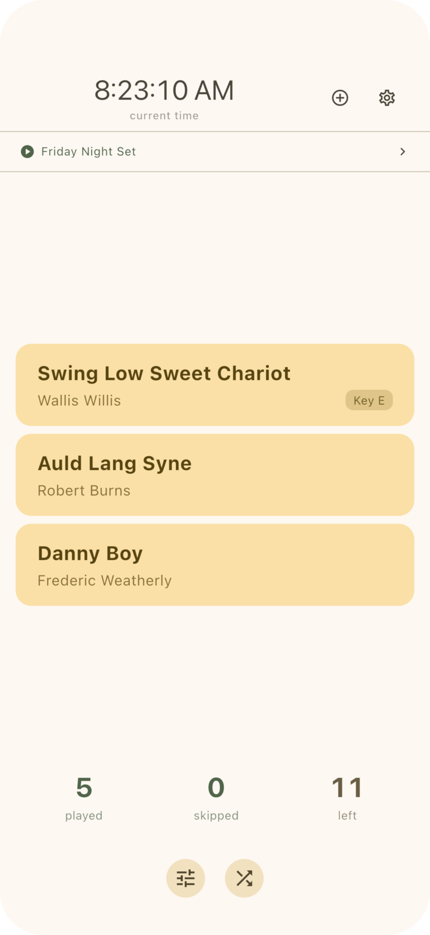 SetStar on iPhone, offering Swing Low Sweet Chariot, Auld Lang Syne, and Danny Boy as the next song, with counters showing 5 played and 11 left